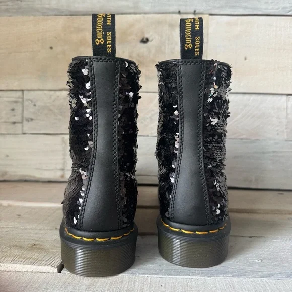 Dr. Martens Black Sequin Combat Boots - Picture 4 of 12